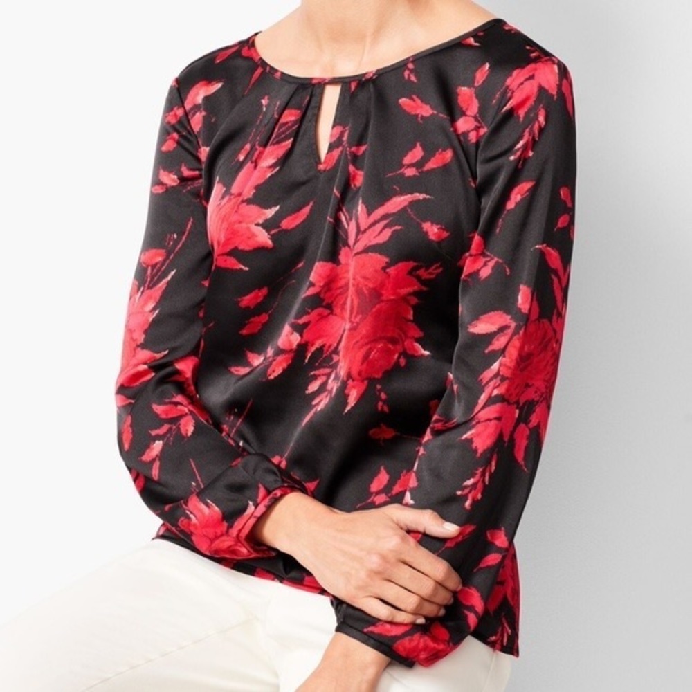 TALBOTS Black Red Floral Long Sleeve Blouse size PL